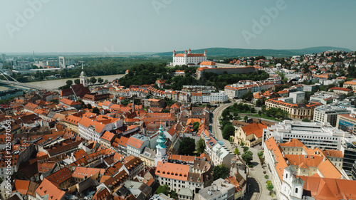 Bratislava old town view castle and city church in city centre. bratislavy skyline aerial view drone footage of bratislava slovakia city.