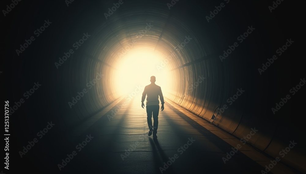 Silhouette of a man approaching light in a dark tunnel, symbolizing hope and renewal Silhouette of a man approaching light in a dark tunnel, symbolizing hope and renewal