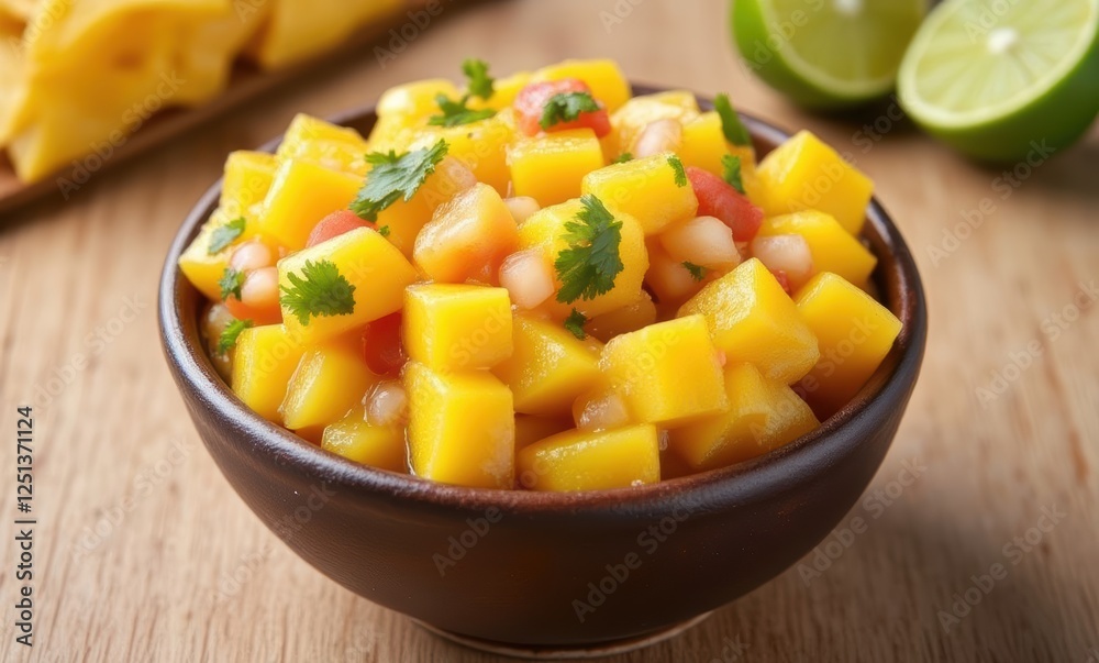 Fresh mango salsa in a wooden bowl Fresh mango salsa in a wooden bowl