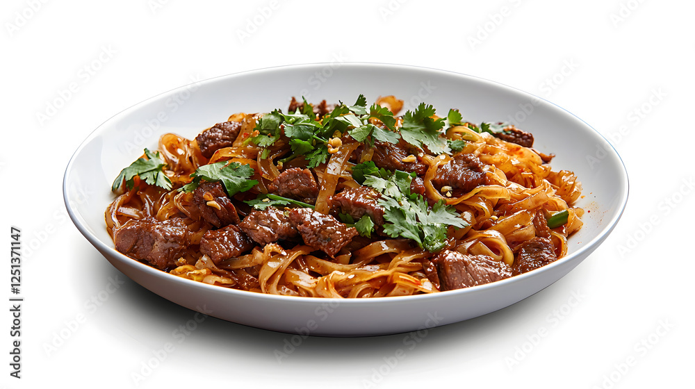 Authentic Thai Kuay Teow Stir-Fried Noodles with Beef and Fresh Herbs Served on White Plate