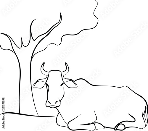 Serene Cow Resting Underneath a Tree, Simple Line Art