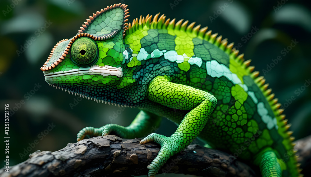 Fototapeta premium Vibrant Green Chameleon on a Branch in Lush Tropical Foliage A Stunning Close-Up of a Reptile in its Natural Habitat