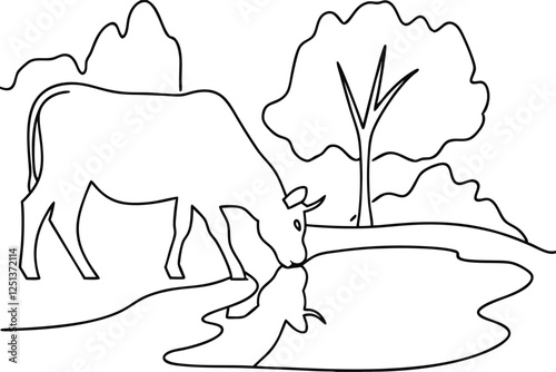 Cow Drinking Water from Pond in Peaceful Pasture Landscape