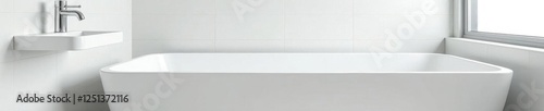 Sleek minimalist bathroom; chrome fixtures, white tile, empty tub,  luxury,  serene,  water