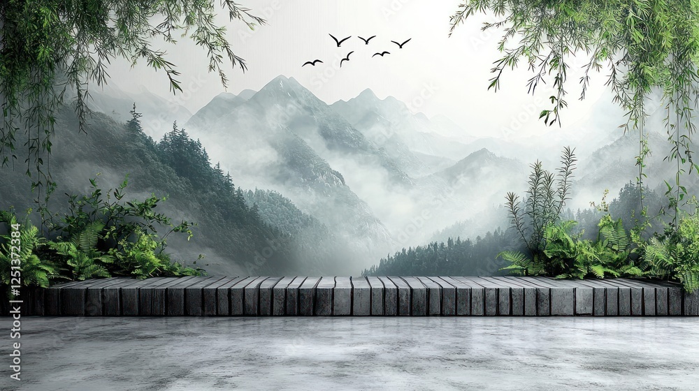 Misty mountain view, wooden platform, zen garden Misty mountain view, wooden platform, zen garden