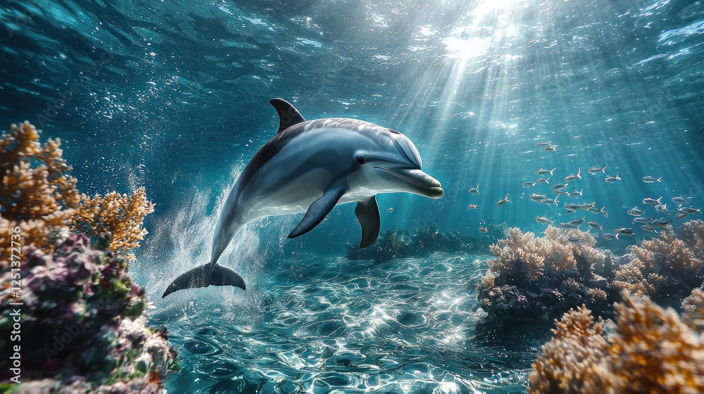 Fototapeta premium Dolphin swims over coral reef in sunlit ocean