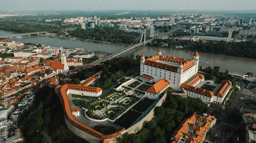 Obraz premium Bratislava old town view castle and city church in city centre. bratislavy skyline aerial view drone footage of bratislava slovakia city.