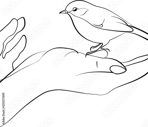 Gentle Hands Protecting a Small Bird, Natures Trust, Line Art