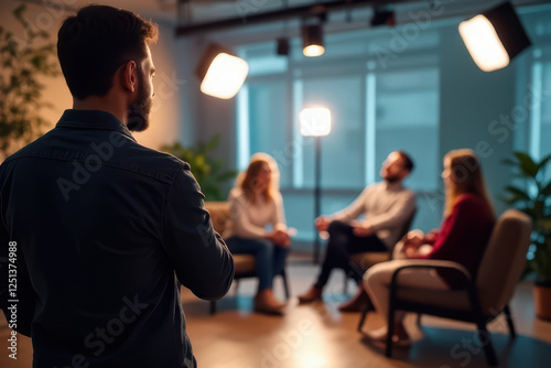 man observes group discussion in well lit modern office setting
