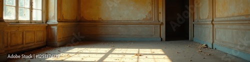Dust motes in sunlight, peeling paint, ornate molding, bare walls,  design,  home