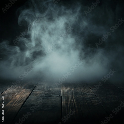 smoke dark moody atmosphere, wooden planks floor, misty fog, ethereal smoke, dramatic lighting, mysterious ambiance, horror movie set, eerie backdrop, cinematic composition.
