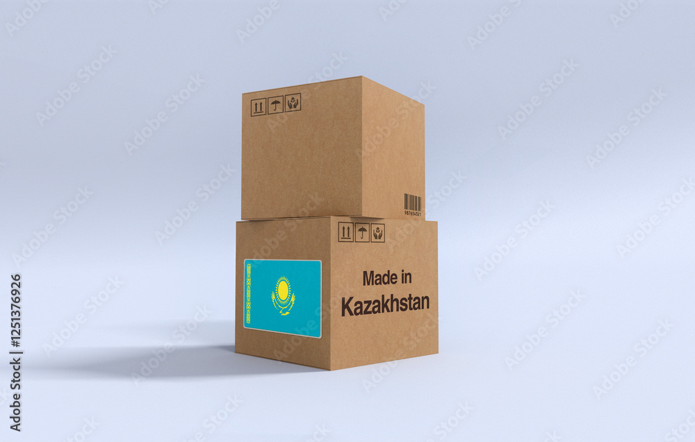 Fototapeta premium Made in Kazakhstan, Carboard carton boxes with Kazakhstani flag 3D Render