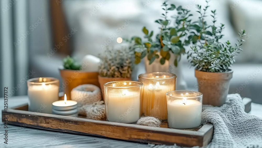 Rustic Decor Table with Candles and Wooden Tray – Warm Soft Lighting for Cozy and Inviting Atmosphere Rustic Decor Table with Candles and Wooden Tray – Warm Soft Lighting for Cozy and Inviting Atmosphere