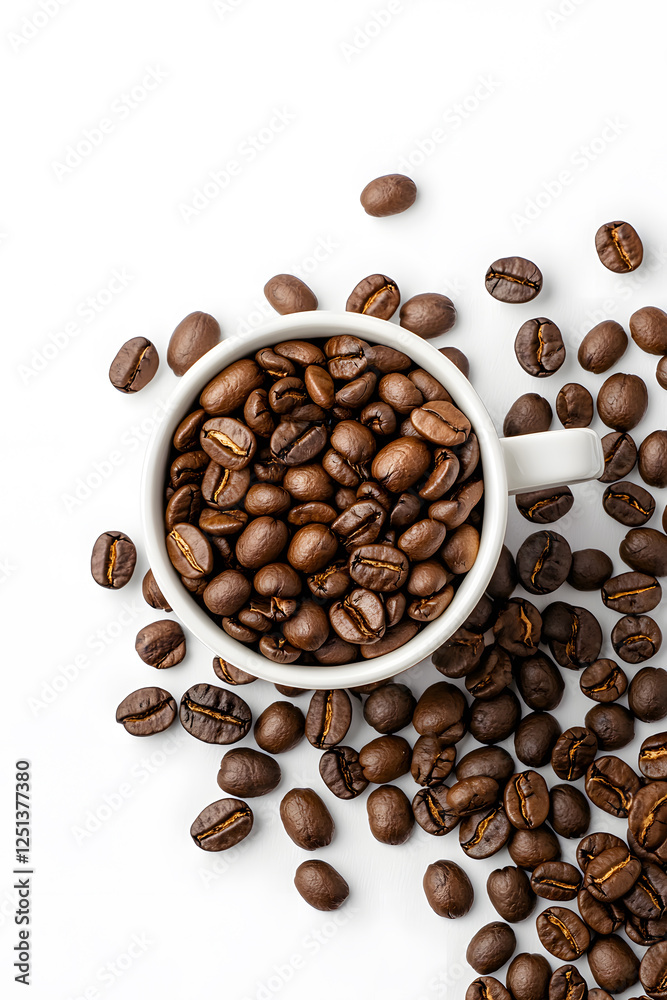 Obraz premium Top view Coffee beans in coffee cup isolated on white