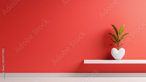 Heart shaped planter holds a small green plant against a red wall