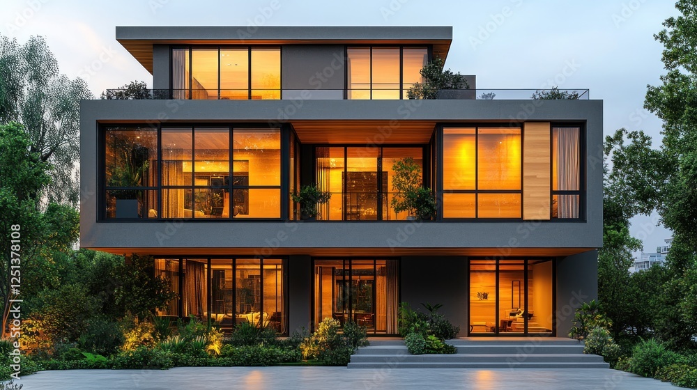 Fototapeta premium Modern house twilight exterior, landscaping, luxury