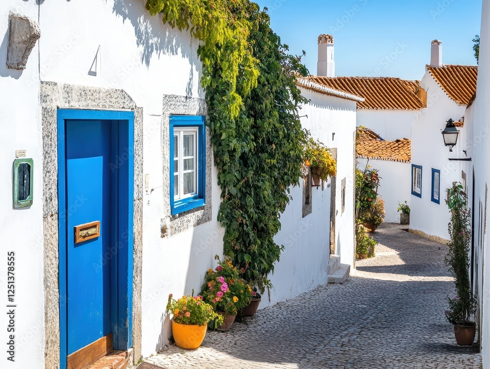 Obraz premium A picturesque narrow street lined with white houses, featuring a vibrant blue door and lush greenery, creating a charming and inviting atmosphere.