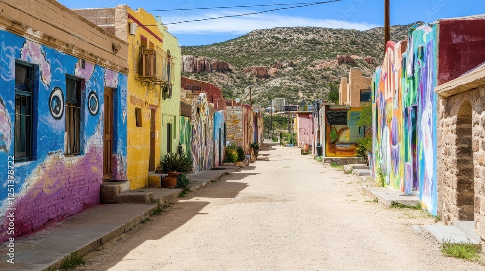 A vibrant street with colorful murals on buildings, set against a mountainous backdrop, creating a lively and artistic atmosphere.