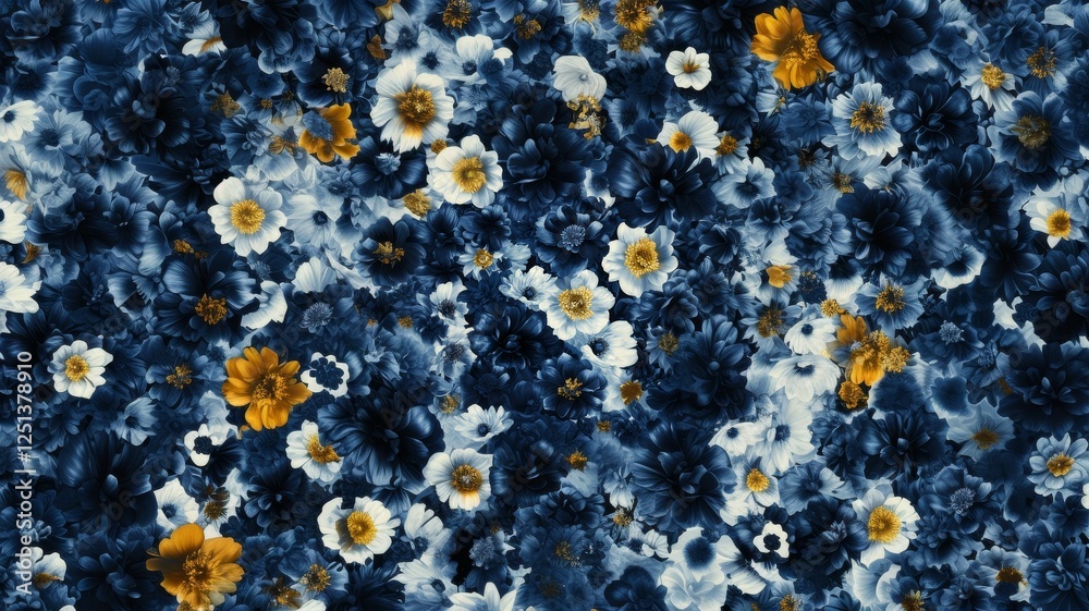 A beautiful bunch of white and yellow flowers resting on a dark blue background A beautiful bunch of white and yellow flowers resting on a dark blue background