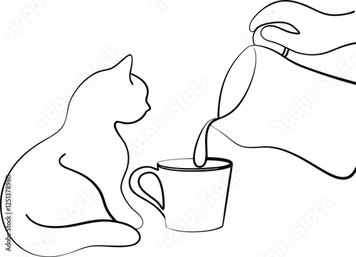 Cozy Cat Watching Coffee Pour Minimalist Line Art Drawing