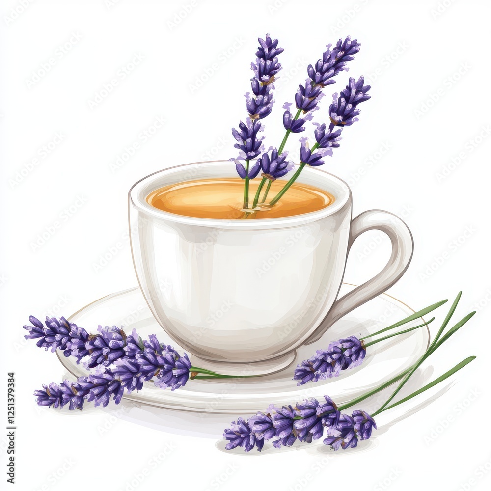 White Ceramic Cup with Lavender Sprigs and Herbal Tea on a Plate, Aromatic Floral Arrangement, Wellness and Relaxation Concept, Natural Ingredients for Calmness and Serenity White Ceramic Cup with Lavender Sprigs and Herbal Tea on a Plate, Aromatic Floral Arrangement, Wellness and Relaxation Concept, Natural Ingredients for Calmness and Serenity