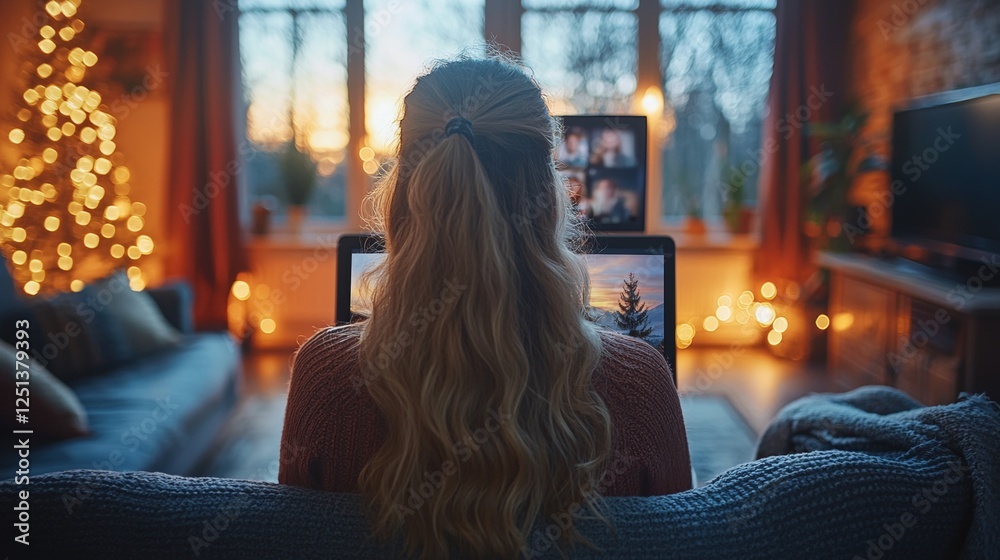 Woman enjoys video call on laptop at home with warm lights Woman enjoys video call on laptop at home with warm lights