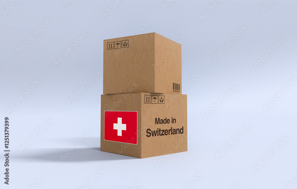 Fototapeta premium Made in Switzerland, Carboard carton boxes with Swiss flag 3D Render