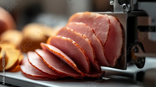 Sliced meat on a professional meat slicer with a blurred background.