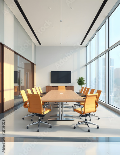 Modern conference room with a central table and chairs in a stylish office building. 3D Rendering. with white shades