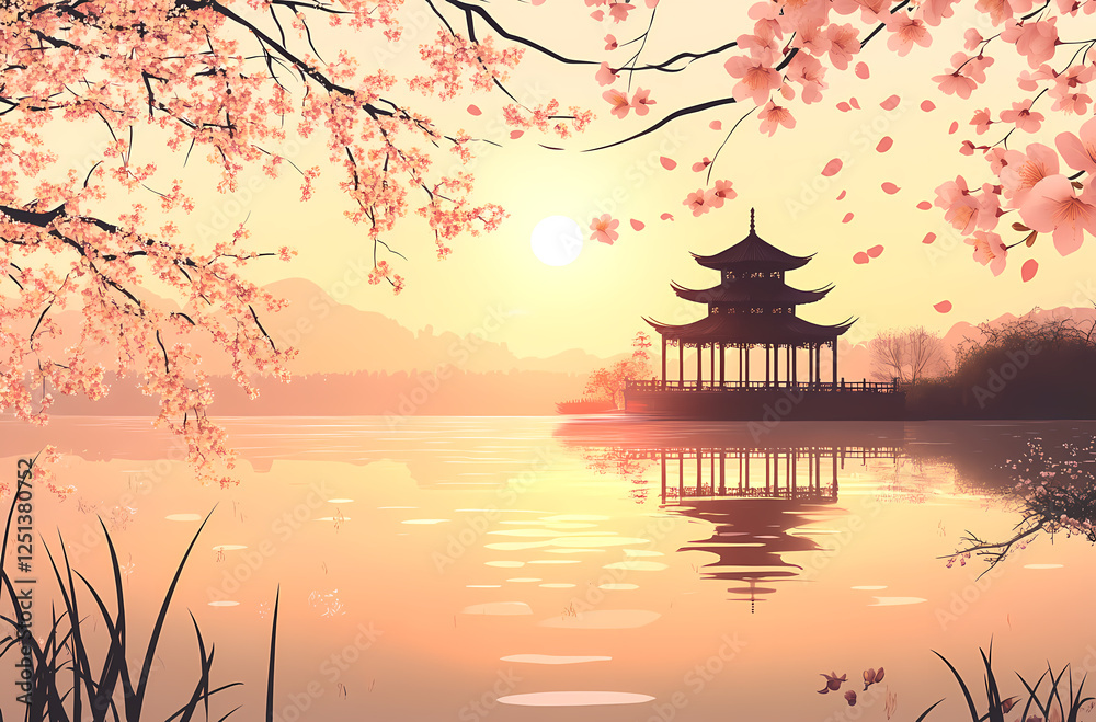 Obraz premium Oriental ancient charm under the sunset by the lake