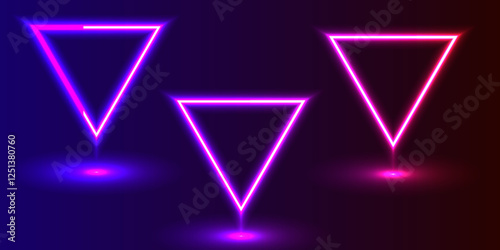 Futuristic Neon Color Triangle Shapes. Neon gradient triangle Frame with copy space. Neon pink frame on dark scene with neon blue and pink triangles around. Glowing neon pink triangle with sparkles.