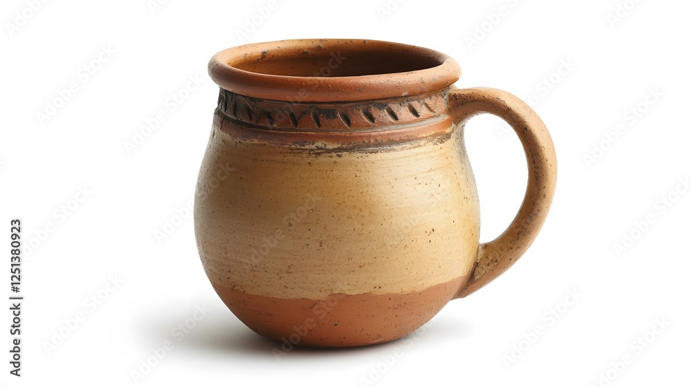 A handmade pottery mug, isolated on a white surface A handmade pottery mug, isolated on a white surface