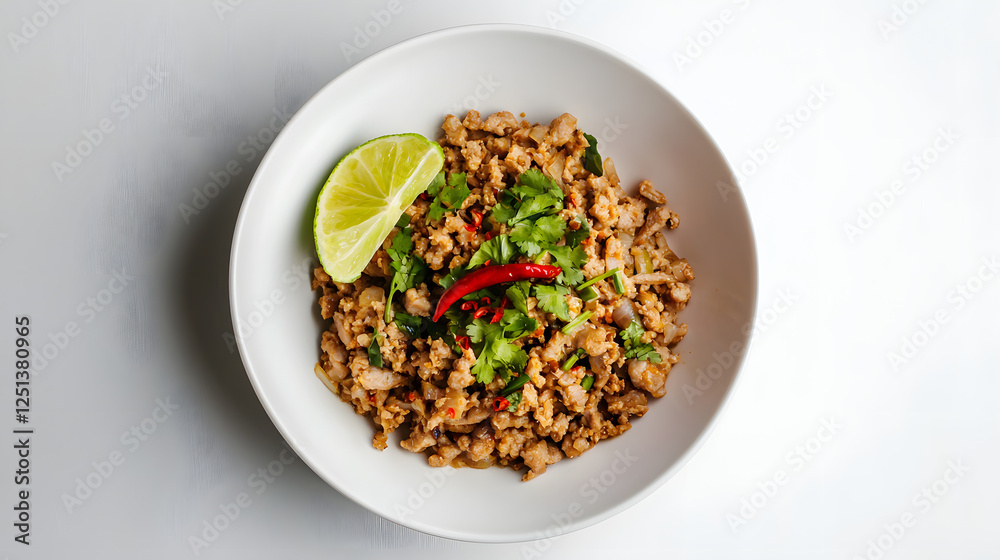 Minimalist Composition of Thai Laab Moo Dish with Fresh Herbs and Lime on White Background Minimalist Composition of Thai Laab Moo Dish with Fresh Herbs and Lime on White Background