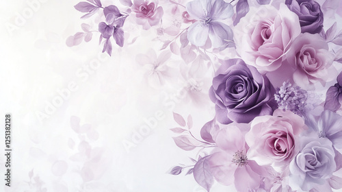 Elegant wallpaper featuring purple roses and lavender flowers on a soft white background, perfect for a serene and floral-themed space