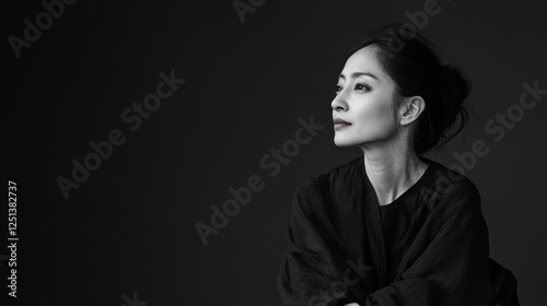 Black and white portrait of an asian woman posing candidly in a stylish setting