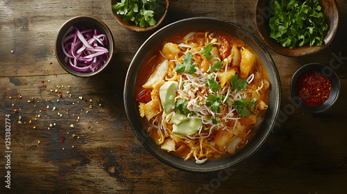 Authentic Thai Khao Soi Dish Served with Fresh Herbs and Vegetables on Rustic Wooden Table photo