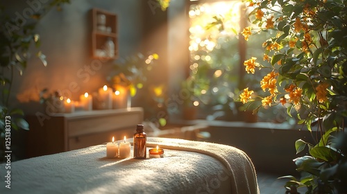 Tranquil and serene massage therapy room featuring a massage table candles and essential oils  Warm soft lighting casts calming shadows with a slightly blurred background