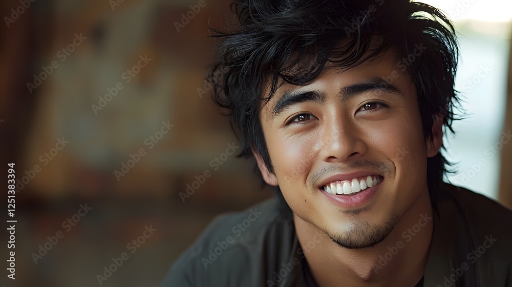 Closeup portrait of a happy and confident Asian man with a warm friendly smile and soft warm lighting that beautifully accentuates his facial features