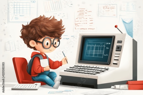 A 8-bit pixel art of a student sitting at a desk, taking a placement test on a retro-style computer