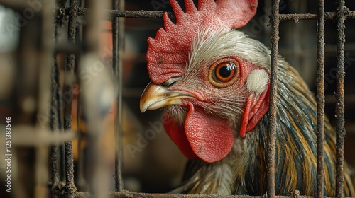 Confinement of a rooster in a rusty wire cage, market background