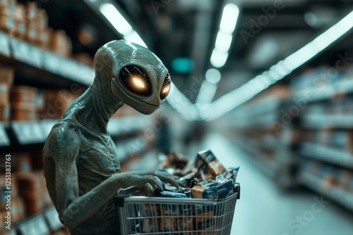 Alien grocery shopping in a modern supermarket during the day photo