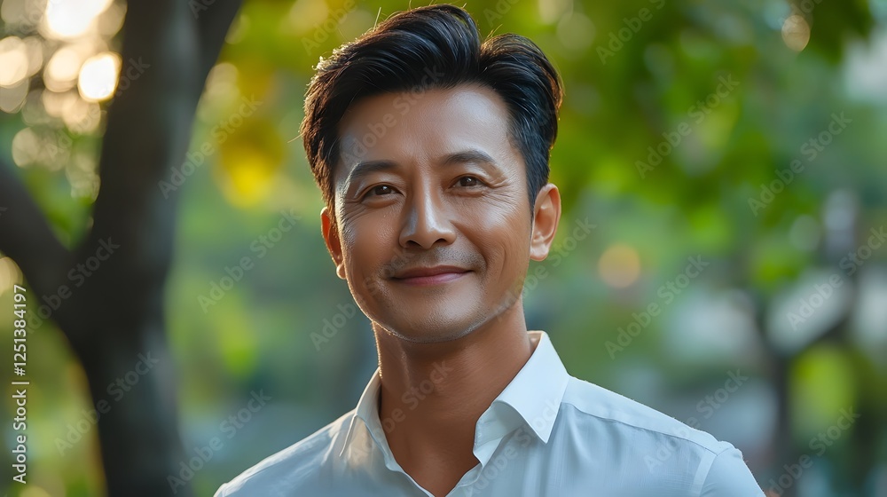 Confident and Friendly Asian Man Smiling Brightly in a Serene Natural Outdoor Environment Captured in a Warm and Inviting Portrait Confident and Friendly Asian Man Smiling Brightly in a Serene Natural Outdoor Environment Captured in a Warm and Inviting Portrait