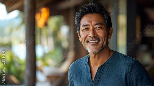Portrait of a confident and joyful Asian man captured in a relaxed natural outdoor setting with a wood background  The image showcases the man s positive emotion middle aged adult character