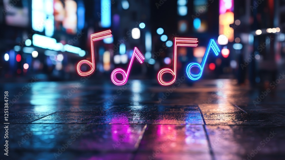 Neon musical notes illuminated on a wet city street at night, vibrant lights in the background Neon musical notes illuminated on a wet city street at night, vibrant lights in the background