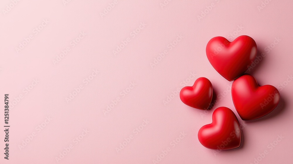 Four shiny red hearts sit on a soft pink background