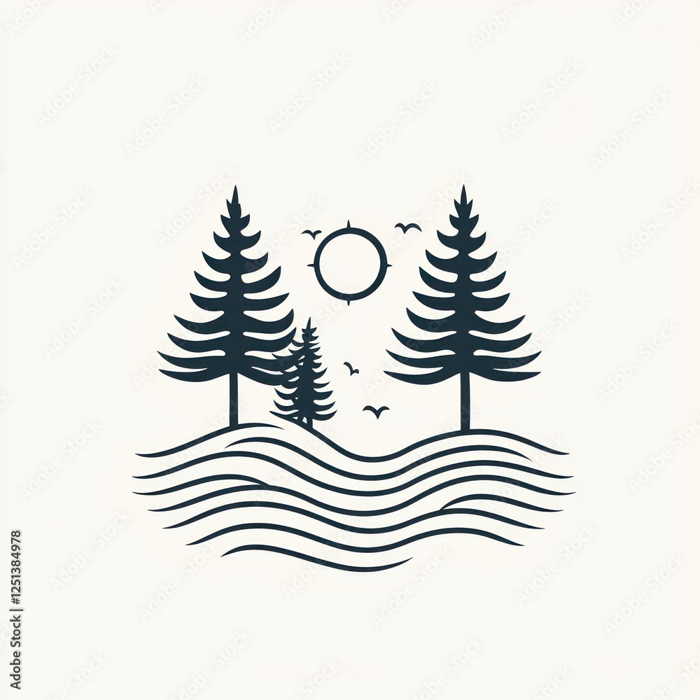 Fototapeta premium Two Pine Trees Sun And Waves Peaceful Landscape
