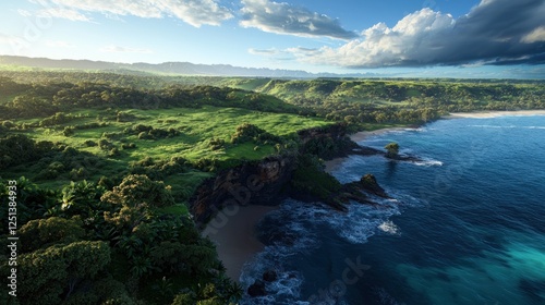 Aerial view of a lush green coastline with cliffs, ocean waves, and a bright sky at sunset