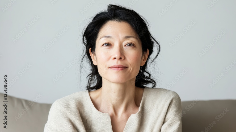 Woman sitting on couch with soft natural light looking up in a relaxed indoor setting Woman sitting on couch with soft natural light looking up in a relaxed indoor setting
