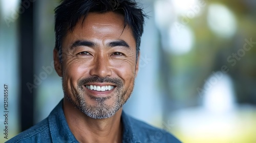 Close up portrait of a cheerful middle aged Asian man with a genuine heartfelt smile captured in a natural blurred outdoor setting