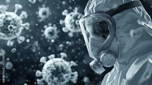 Man wearing gas mask and protective gear for biological warfare situations